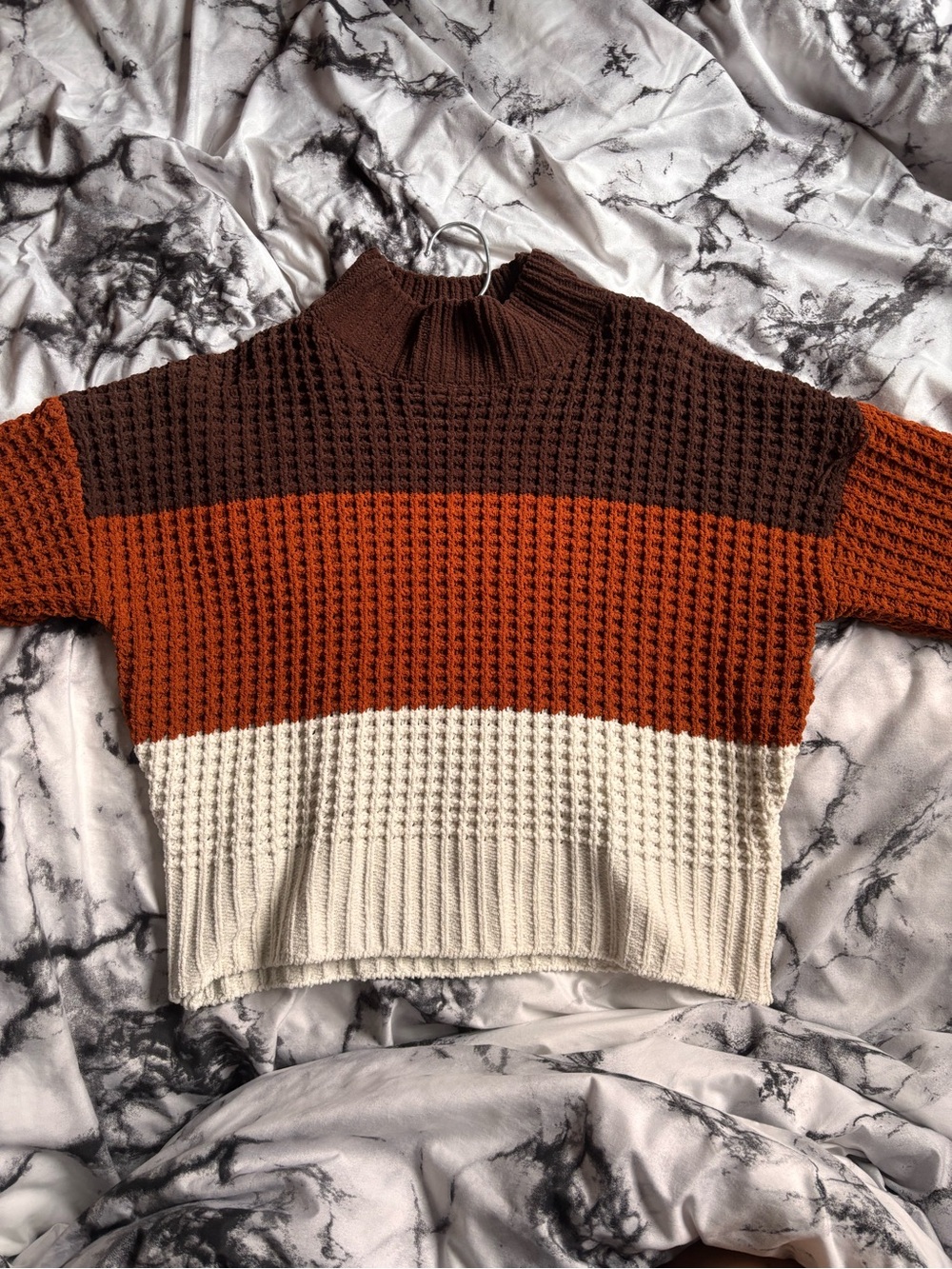 Colorblock Waffle Knit Turtleneck Sweater in Brown, Orange & Cream